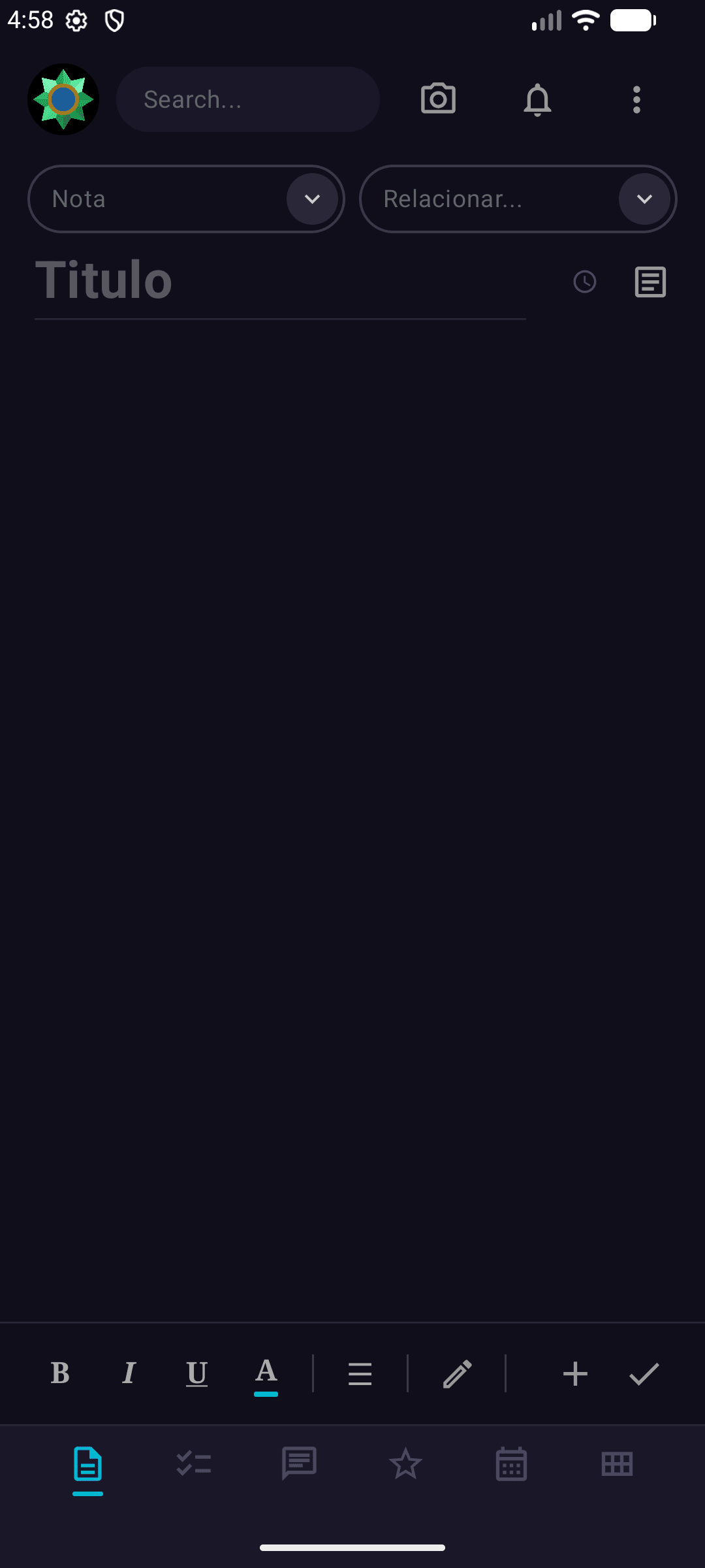 Pantalla Android de Abior mostrando el editor de creación de una nota con herramientas de texto rico y dibujo