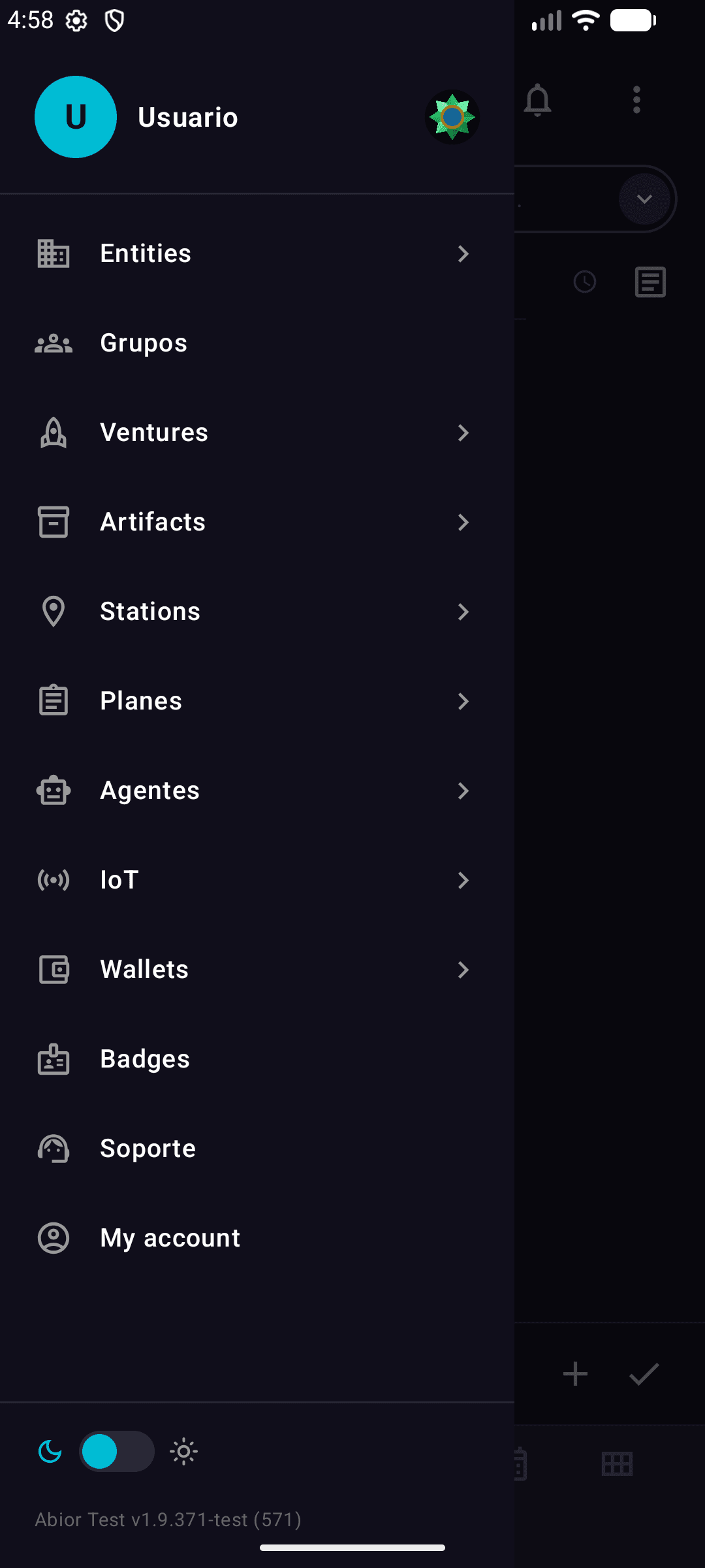 Captura del menu lateral en el app Android de Abior mostrando todos los modulos del ERP