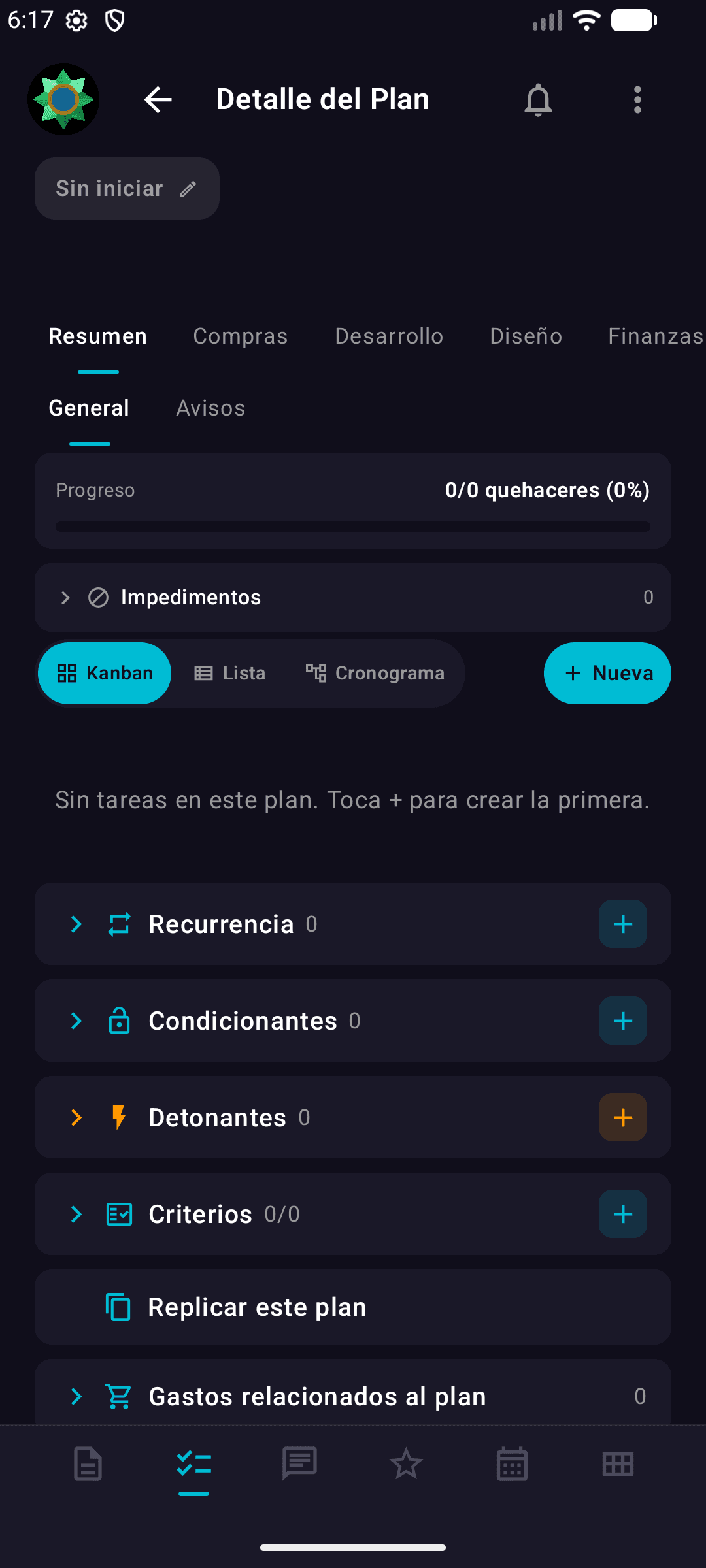 Pantalla detalle de un Plan en Abior Android mostrando tabs Resumen/Compras/Desarrollo/Diseño/Finanzas y vista Kanban/Lista/Cronograma