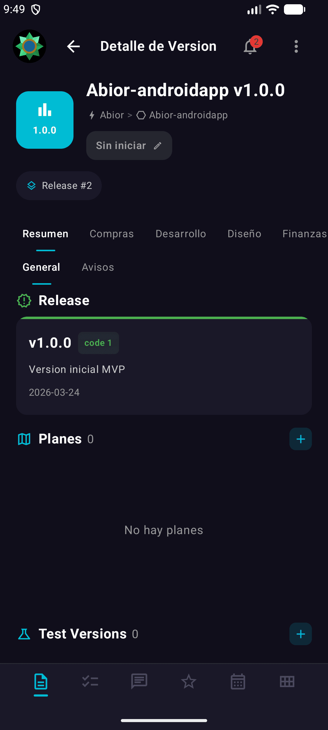 Pantalla Android del detalle de una Versión (Arver) en Abior mostrando su release con esquema semver y los planes asociados