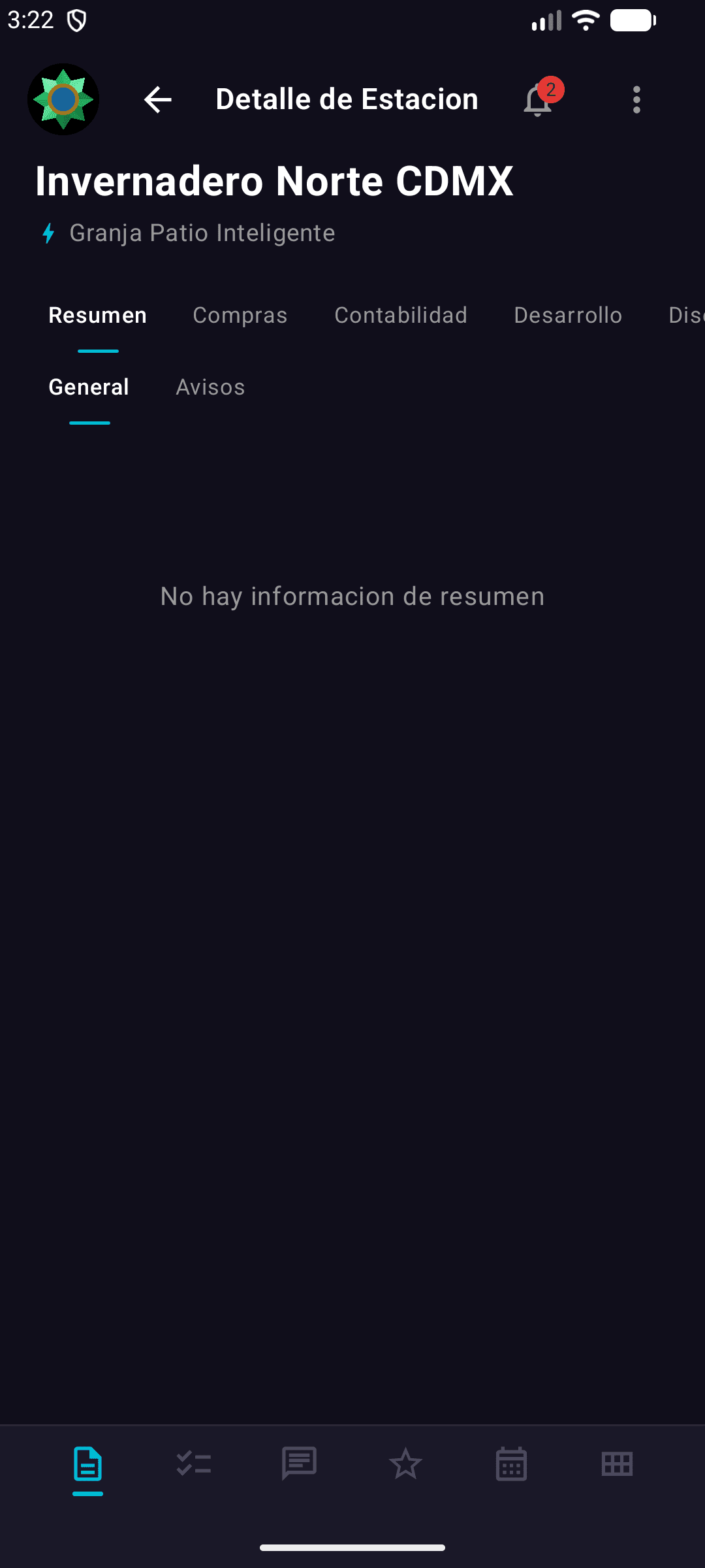 Pantalla Android de Abior mostrando el detalle de la estacion Invernadero Norte CDMX con su barra de pestanas de gestion por area.