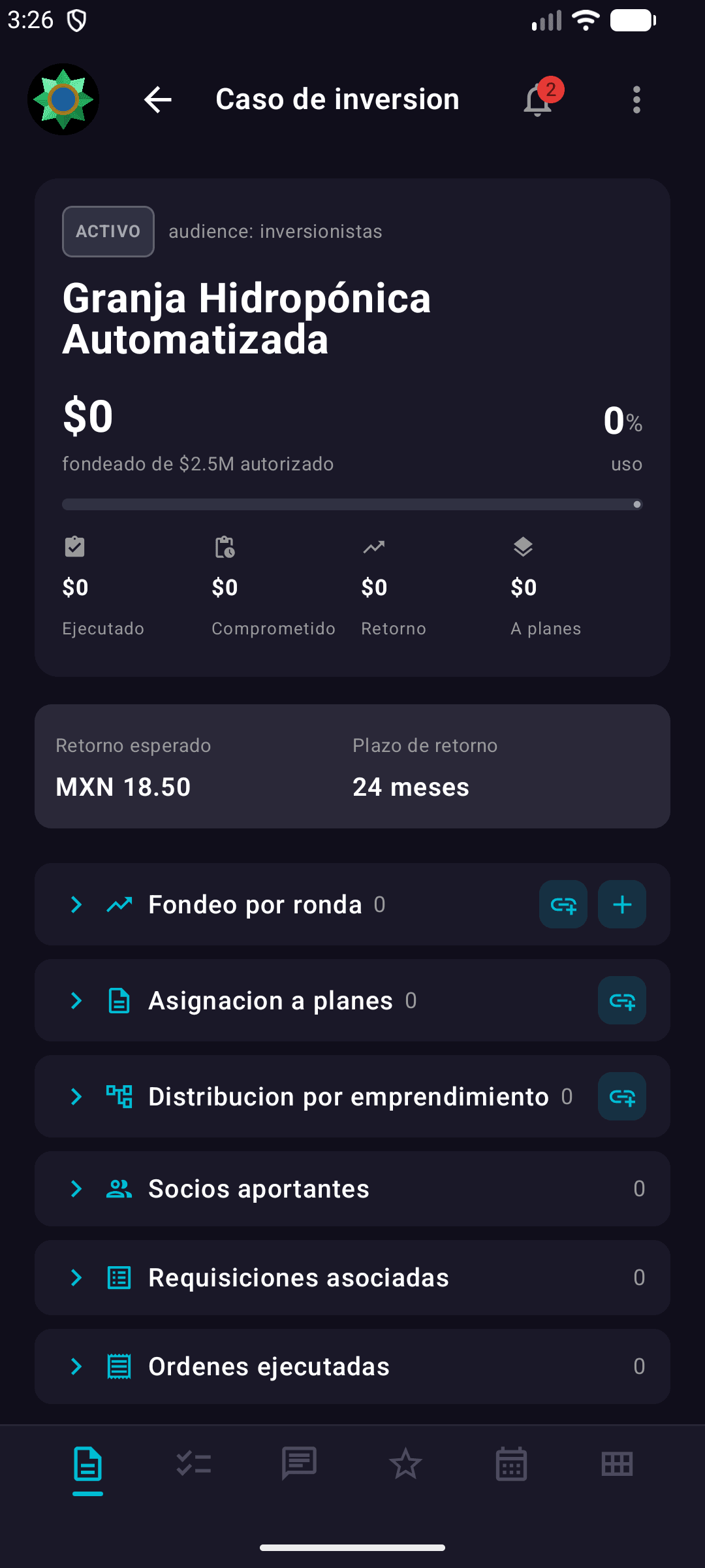 Pantalla del app Android de Abior: detalle de un caso de inversion con monto objetivo, retorno esperado y plazo.